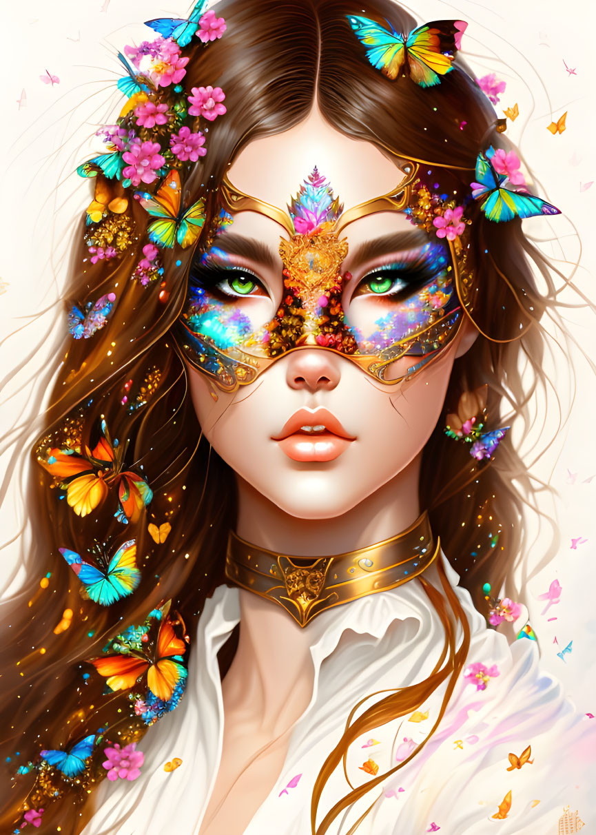 Woman wearing vibrant butterfly mask and floral crown in white blouse, surrounded by butterflies and petals.