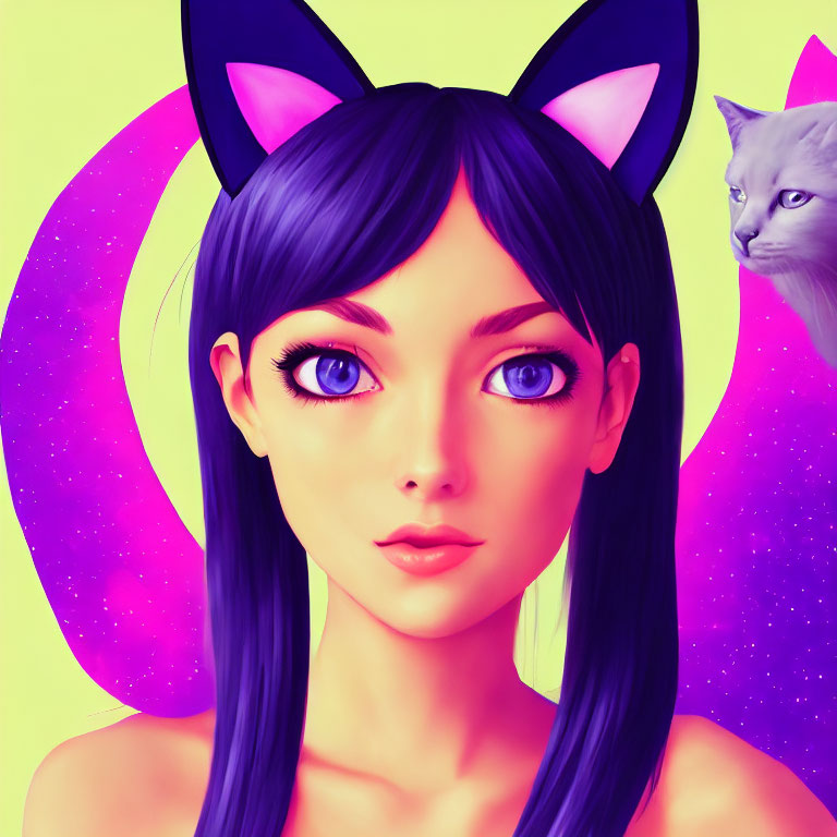 Digital illustration: Female character with blue hair, cat ears, purple wings, grey cat on neon yellow