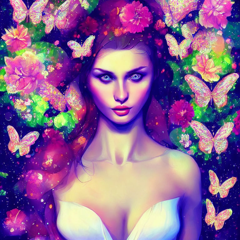 Colorful digital painting of woman with flowers and butterflies in pink and purple hues on starry backdrop