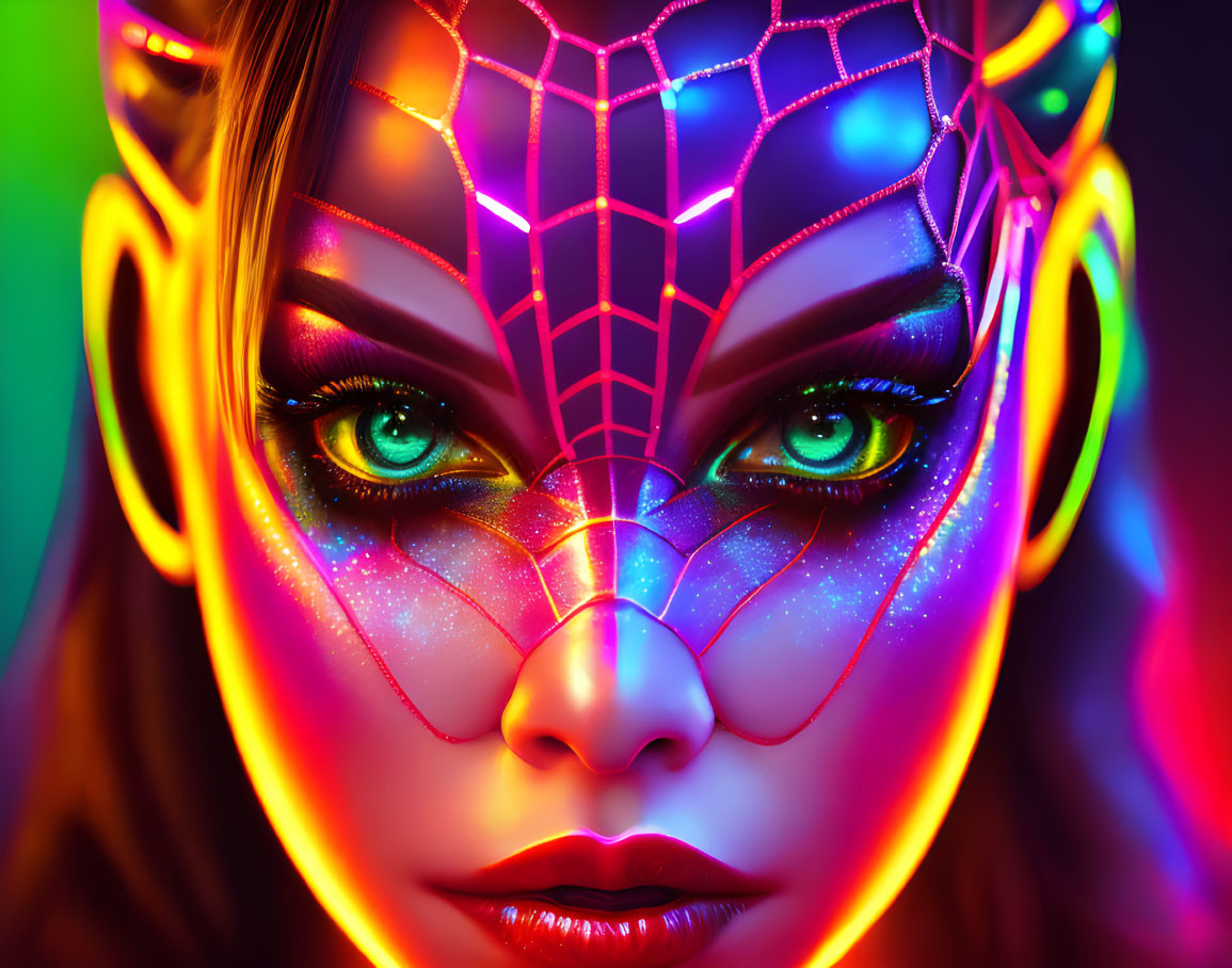Colorful portrait of woman with neon face paint and spiderweb design
