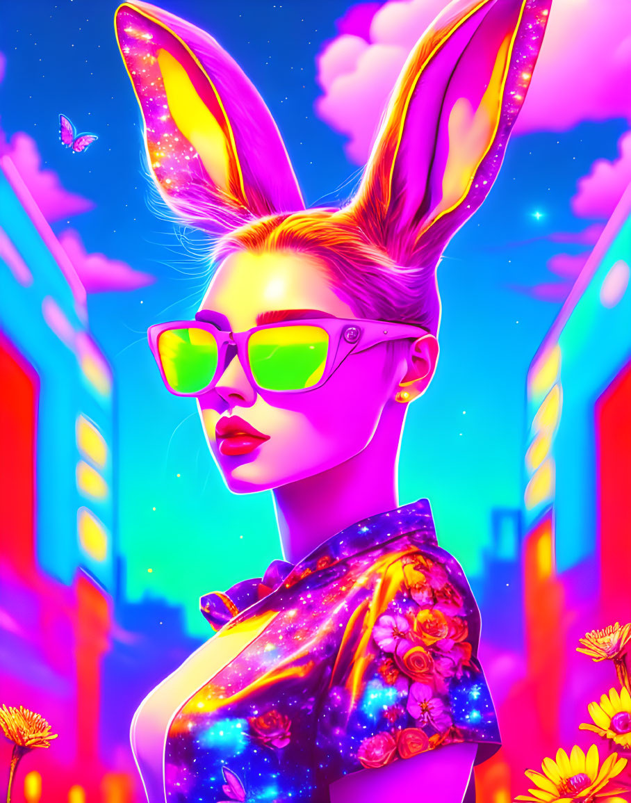 Colorful digital artwork: Woman with bunny ears, neon sunglasses, galaxy outfit, neon cityscape.