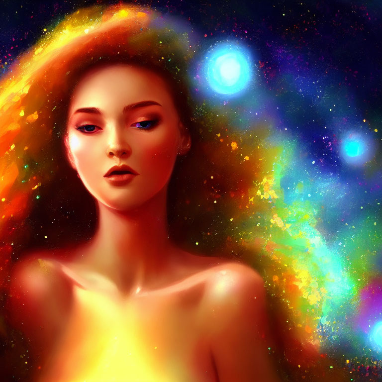 Cosmic-themed digital portrait with vibrant starry nebula colors