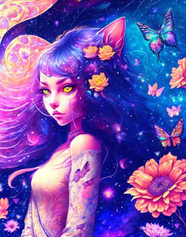 Vibrant female figure with cat ears and purple hair in cosmic setting