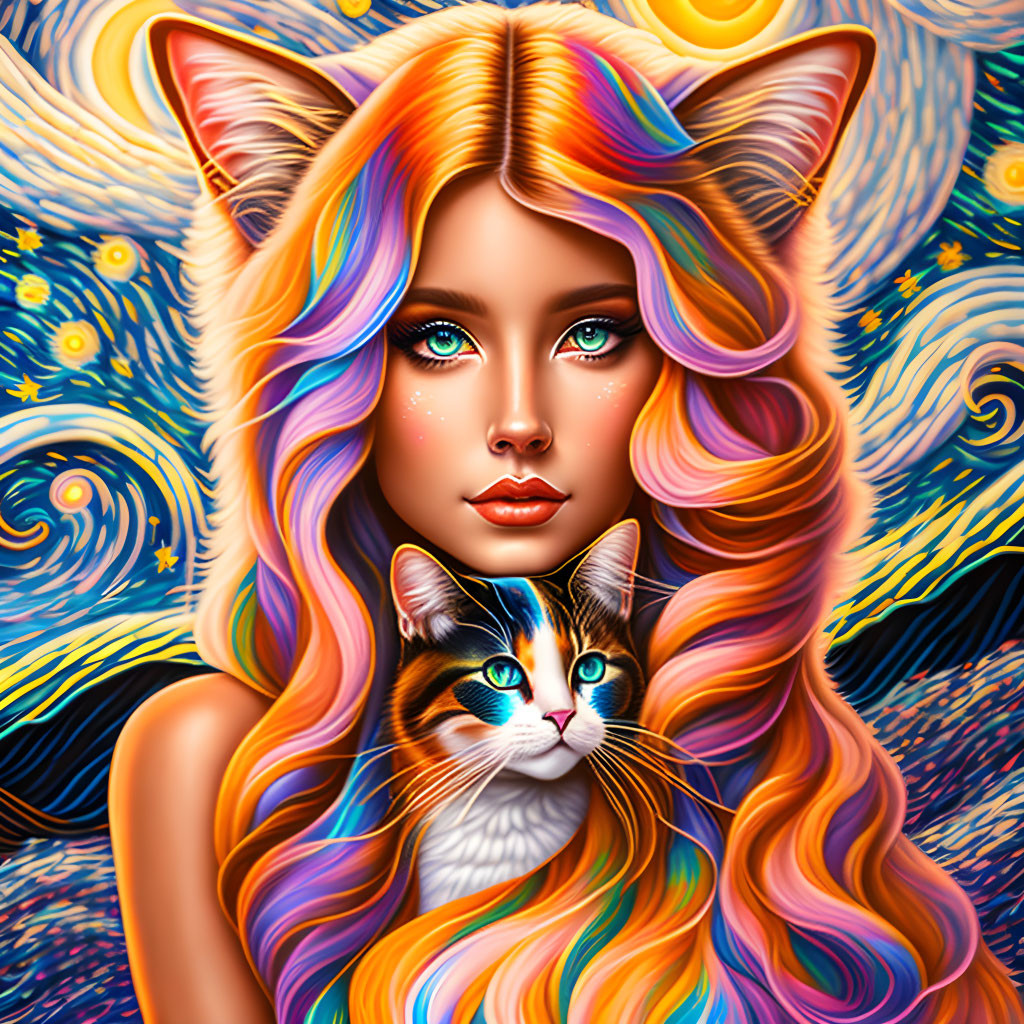 Multicolored hair woman with cat ears holding cat against Van Gogh-inspired background