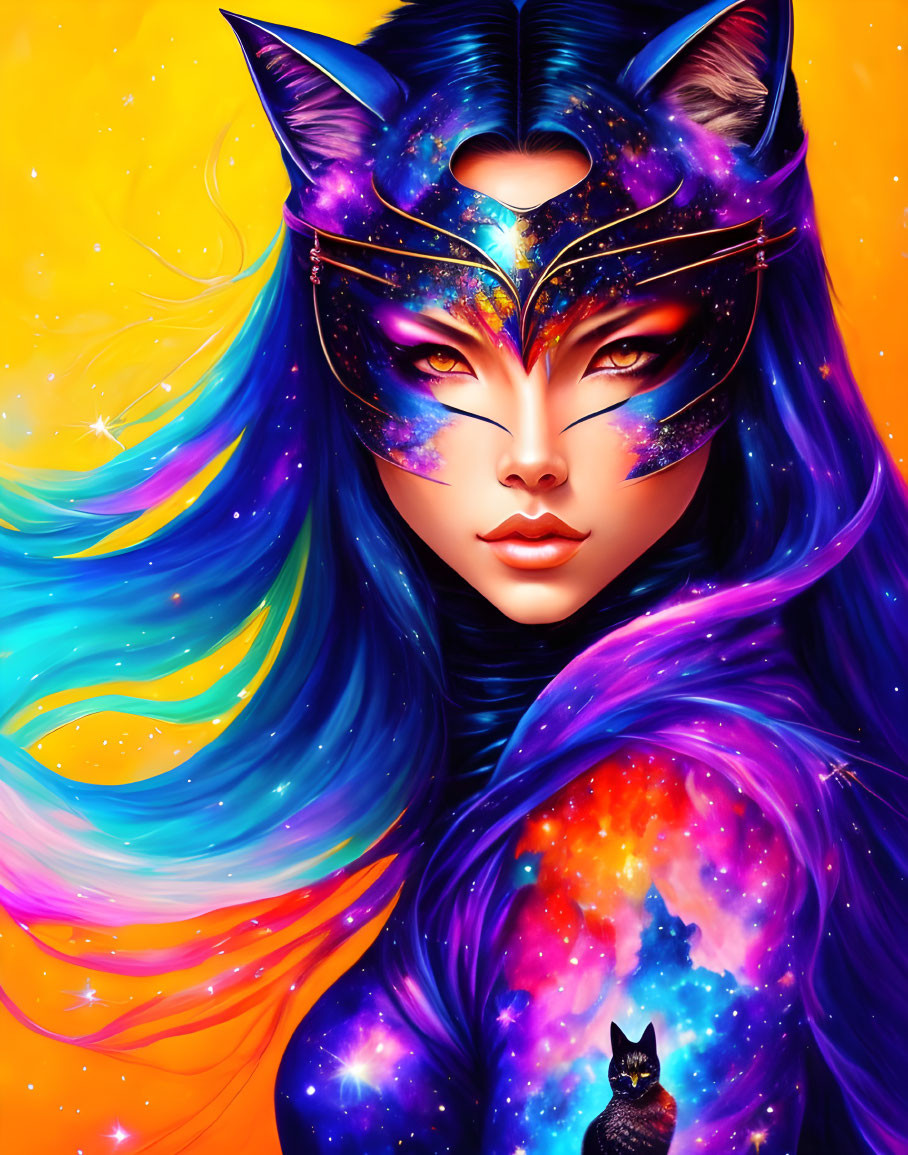 Digital Art: Woman with Blue Hair and Galaxy Makeup in Cat Mask