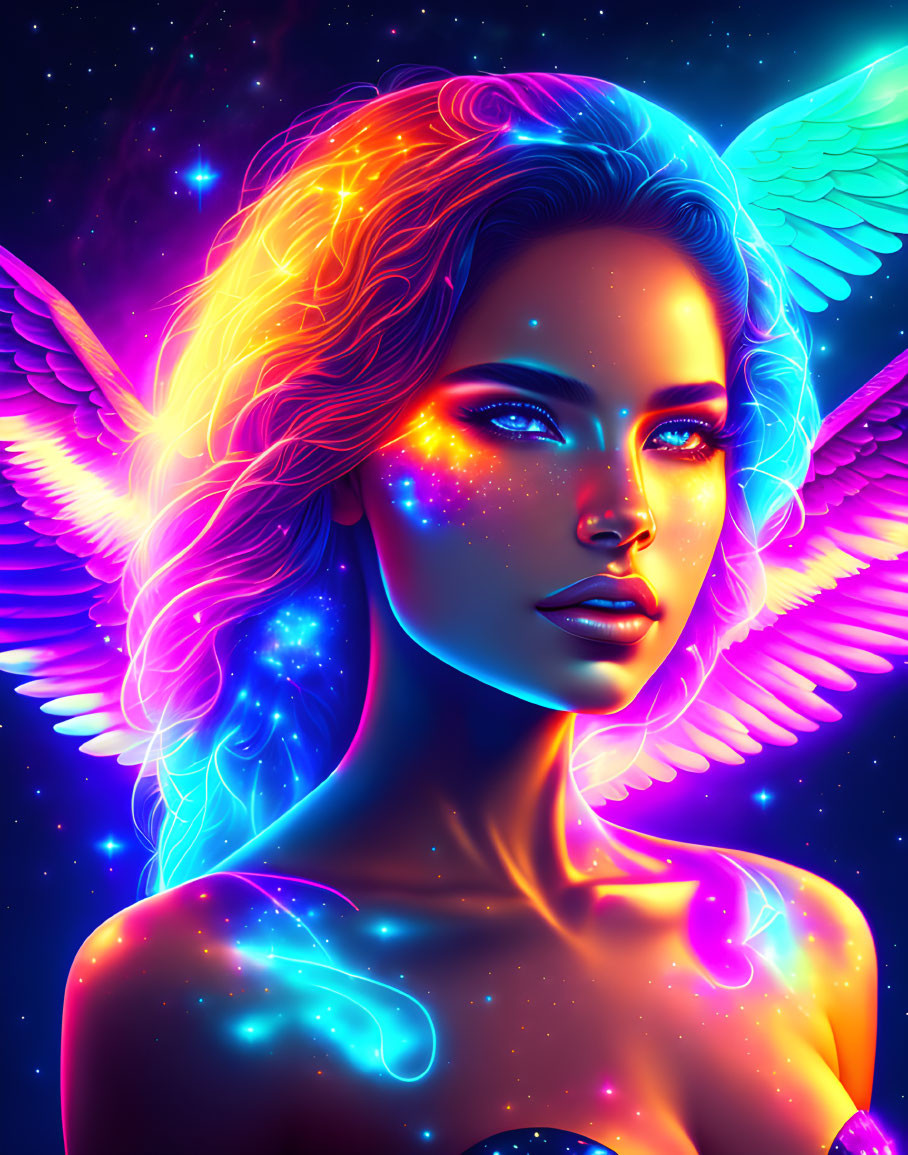 Colorful digital artwork: Woman with neon wings and glowing hair in cosmic setting