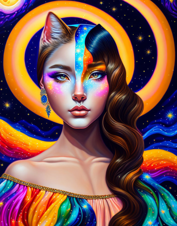Colorful artwork: Woman's face with cosmic cat ear, starry sky, swirling galaxies.