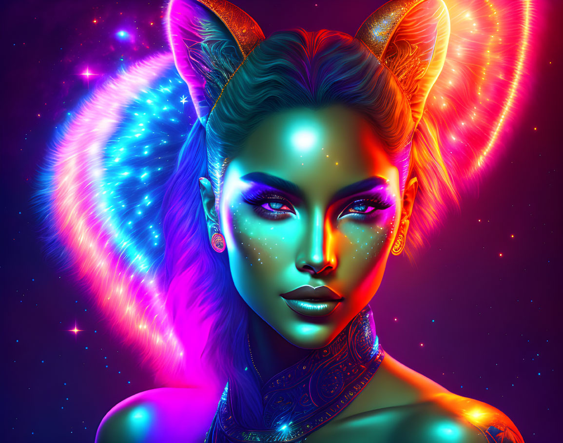 Digital Art: Woman with Feline Ears on Neon Cosmic Background