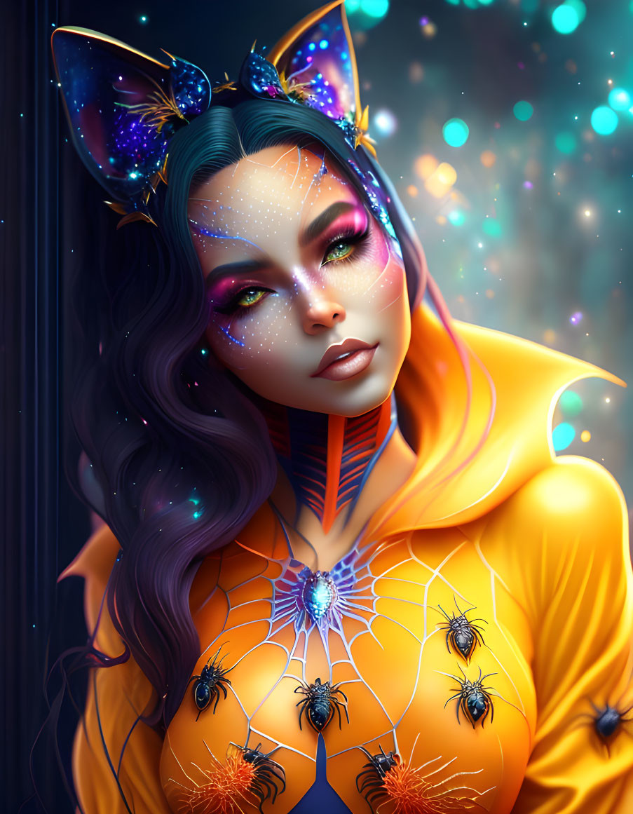 Woman with Cat Ears, Cosmic Makeup, Spider-Themed Hoodie