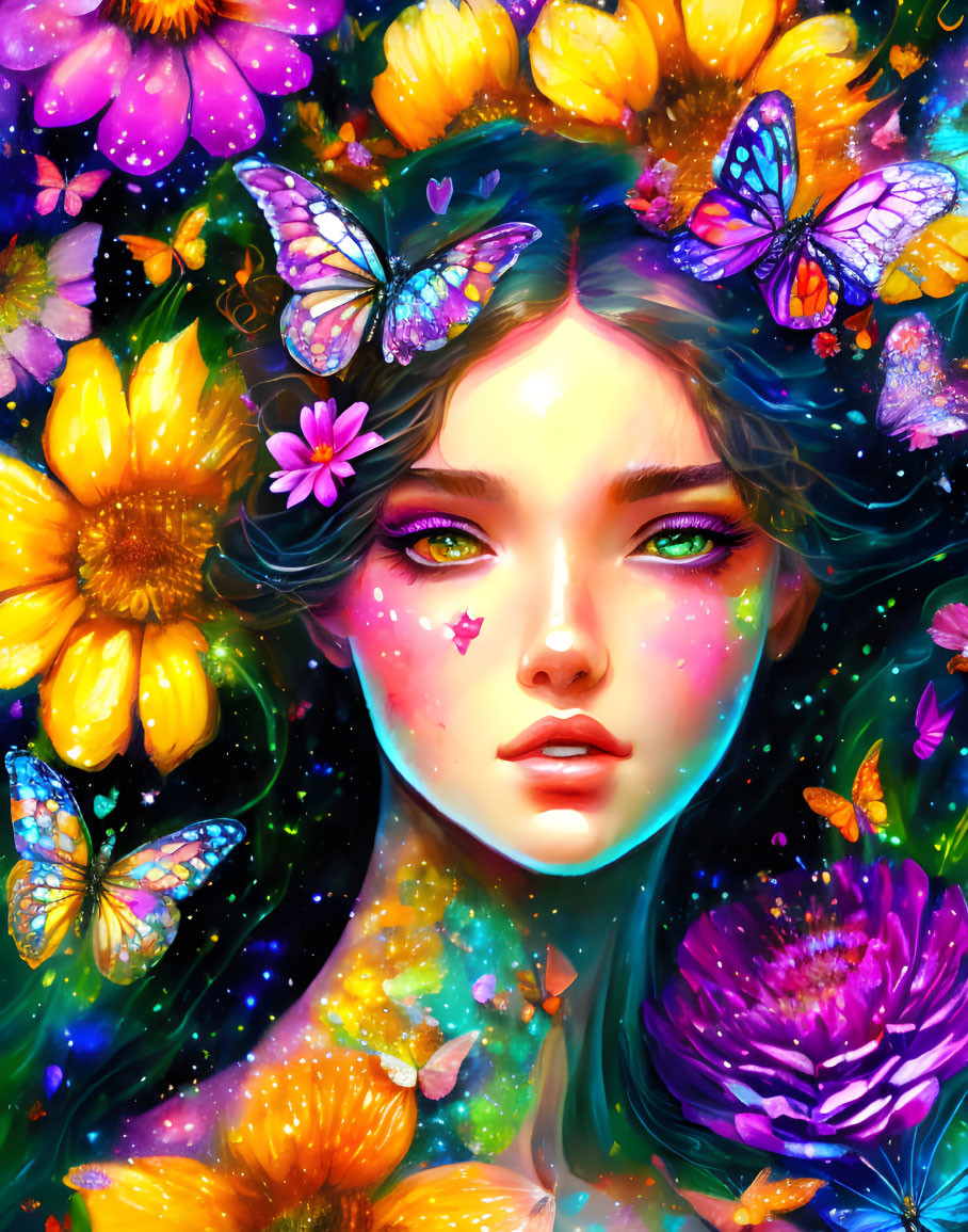 Colorful woman illustration with flowers, butterflies, and cosmic theme