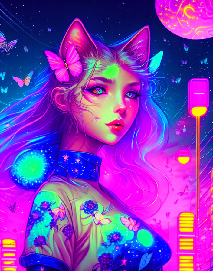 Digital artwork of woman with cat ears and glowing eyes, surrounded by butterflies in neon-lit setting.