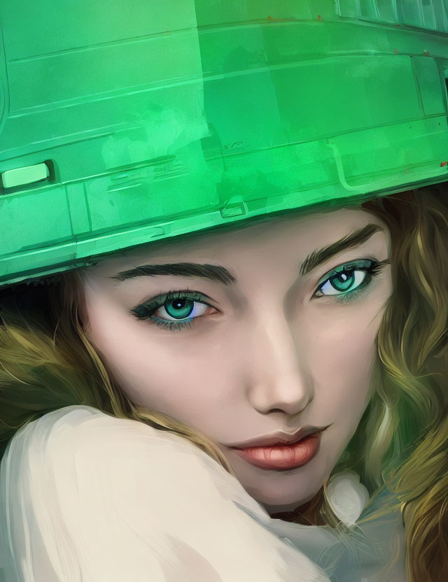 Woman with Green Eyes in Green Hardhat and White Jacket