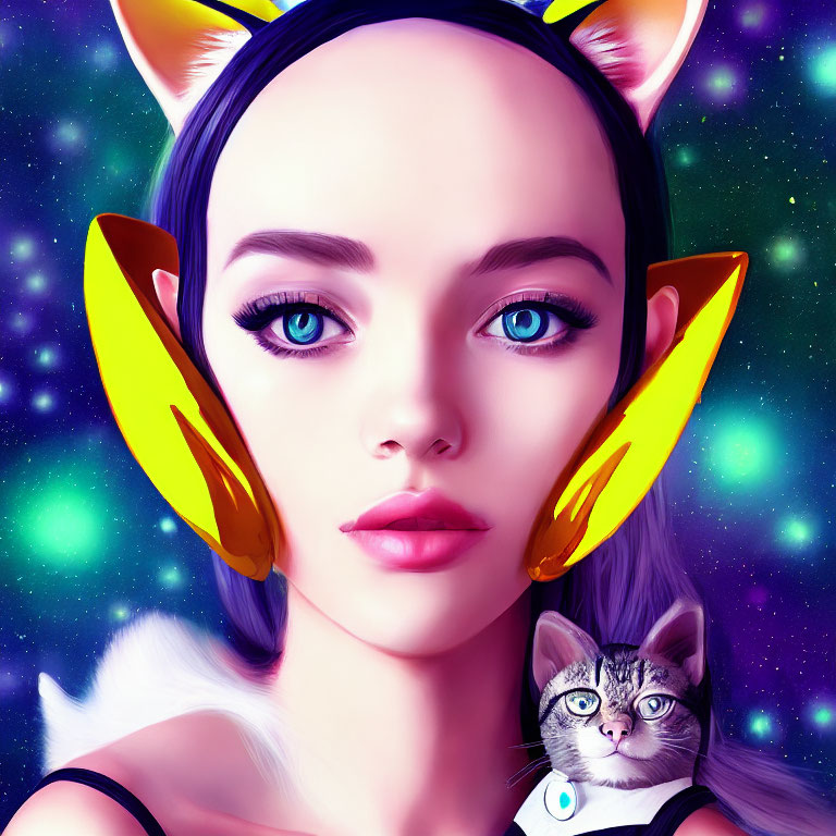 Stylized portrait of girl with cat ears and cosmic backdrop