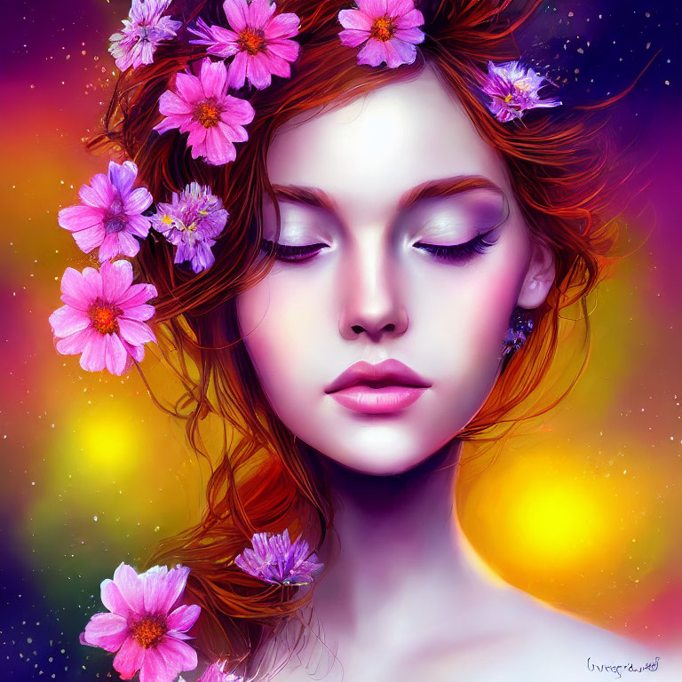 Woman's portrait with closed eyes and pink flowers in red hair on cosmic backdrop