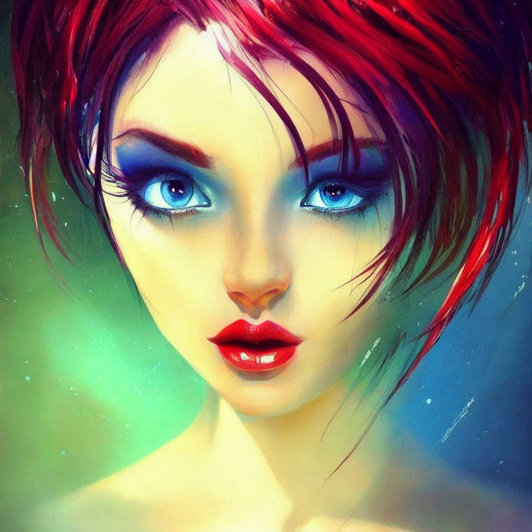 Vibrant digital portrait of a woman with red hair and blue eyes