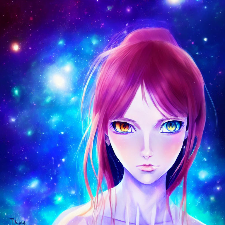 Vibrant pink hair and multicolored eyes in cosmic setting