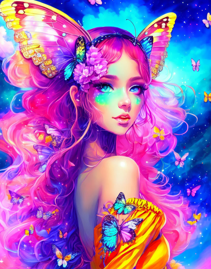 Colorful Illustration: Girl with Pink Hair and Butterfly Wings in Cosmic Scene