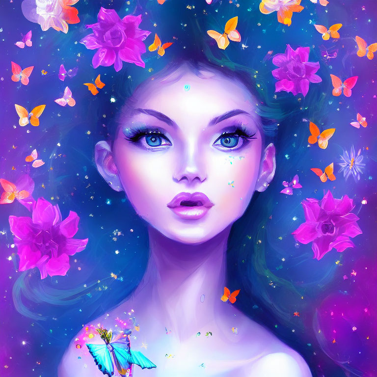 Colorful female figure with blue eyes, purple flowers, and butterflies on starry backdrop