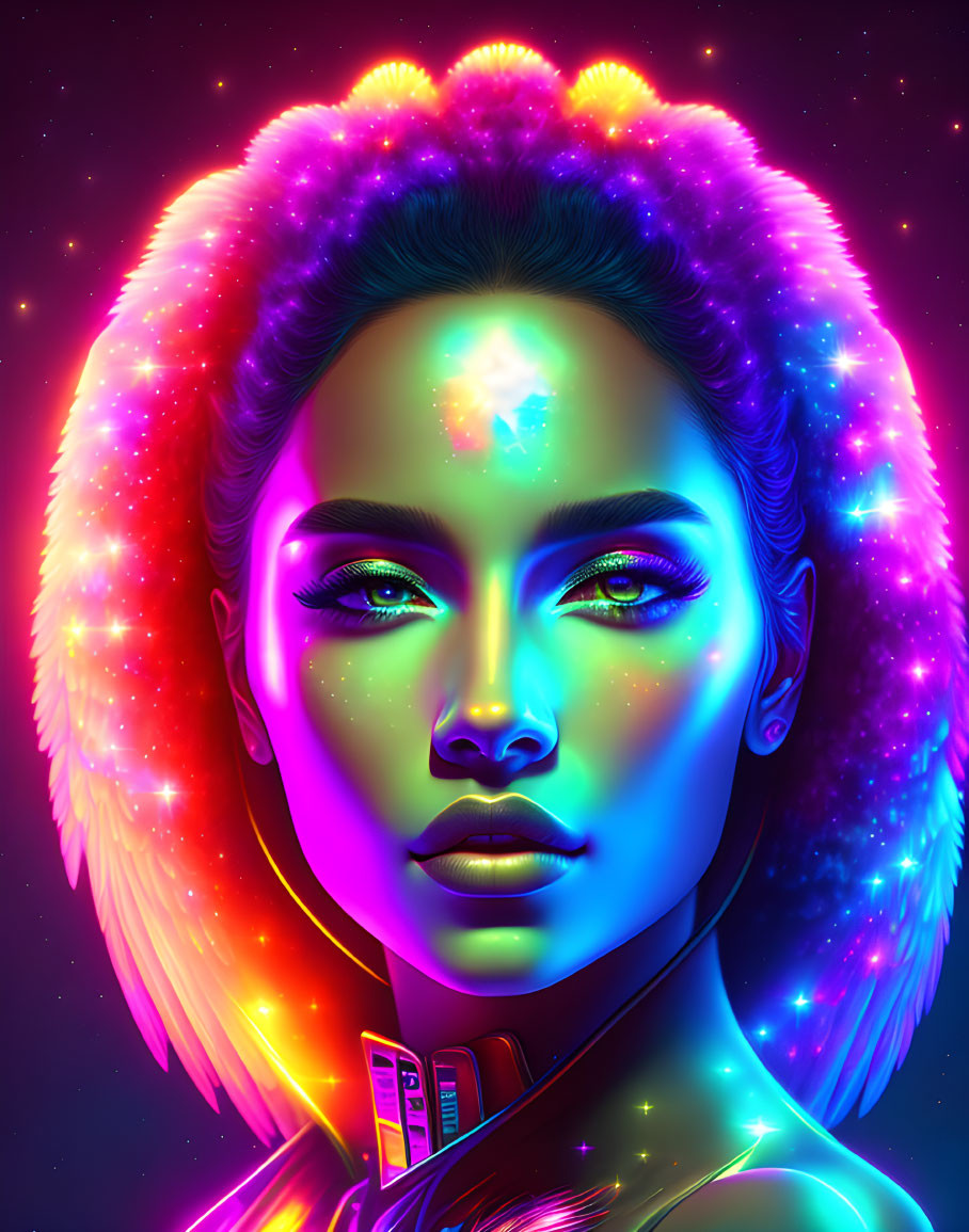 Colorful portrait of a person with rainbow hair and neon makeup in cosmic setting
