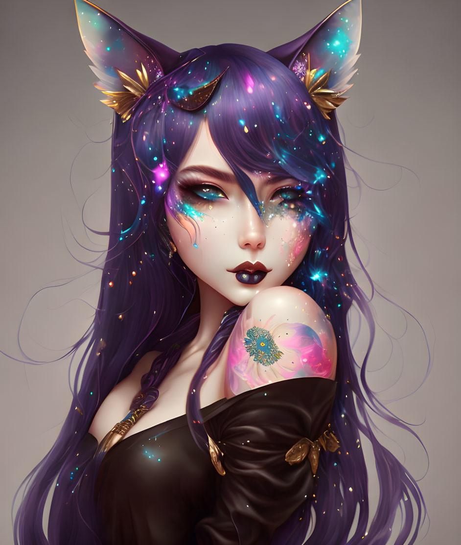 Fantasy illustration: Female character with purple hair, cat ears, cosmic makeup.