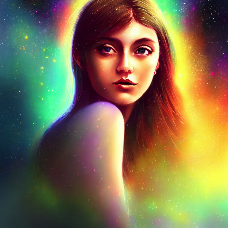 Colorful digital portrait of young woman on cosmic background