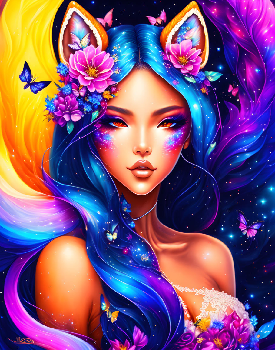 Colorful illustration: Woman with blue hair, fox ears, flowers, butterflies, fiery cosmic background