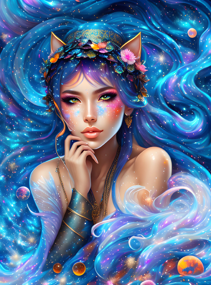 Mystical woman with blue hair and celestial elements in galaxy background