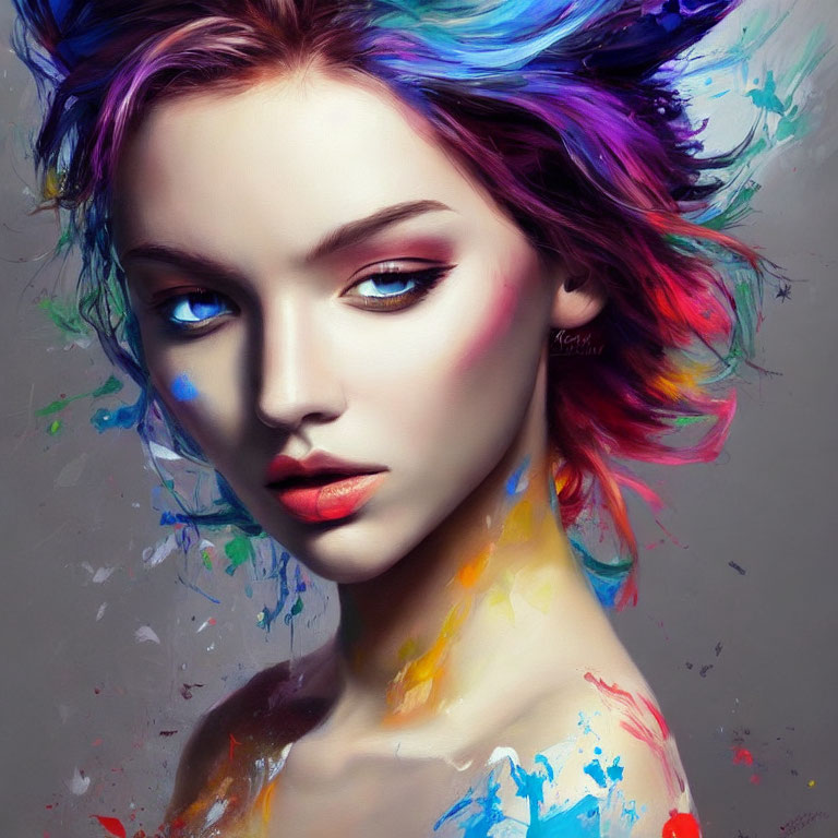 Colorful Portrait of Woman with Paint Strokes in Hair