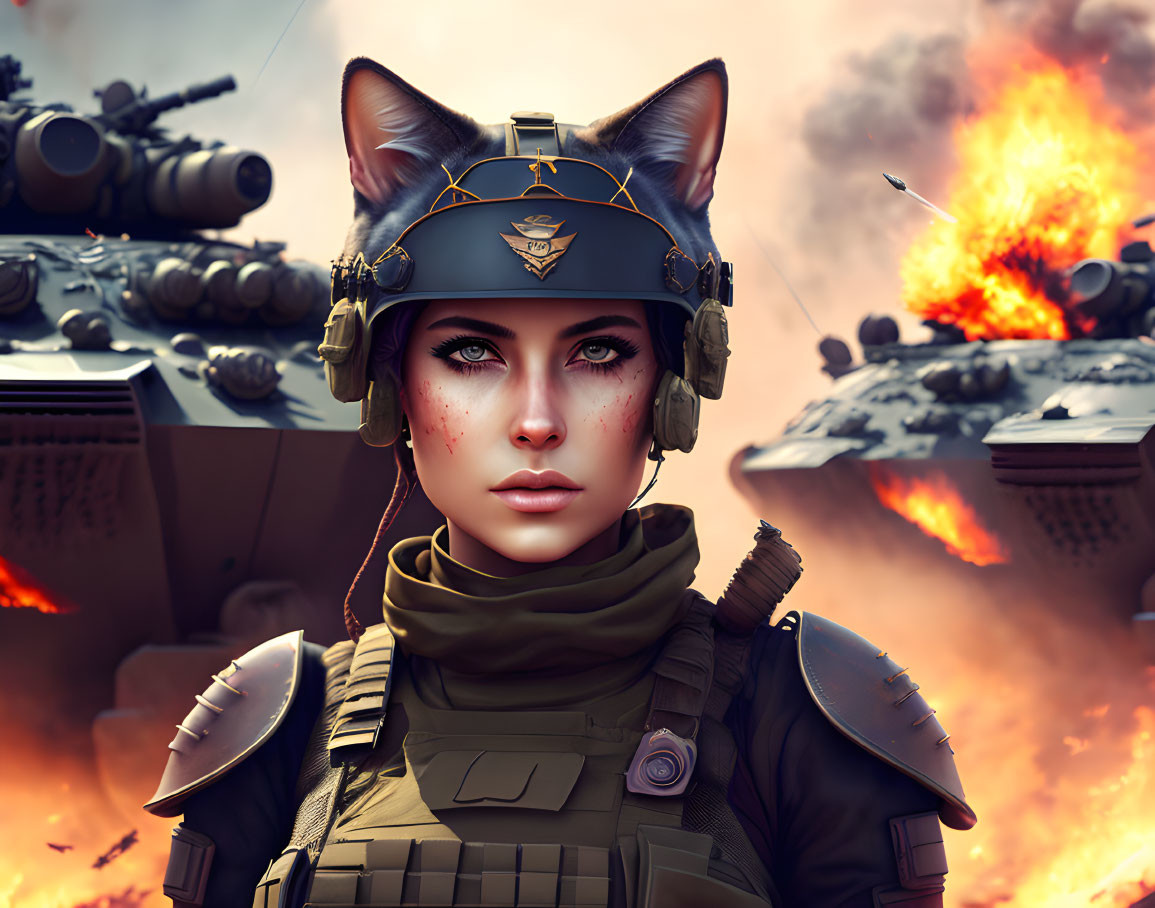 Digital artwork of female soldier with cat ears in military uniform amidst tanks and fire.