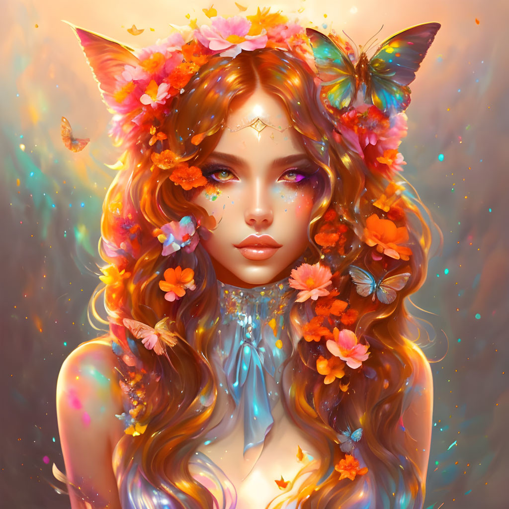 Fantastical portrait of woman with feline ears, vibrant flowers, butterflies, multicolored hair