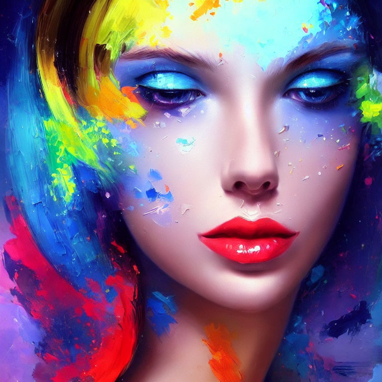 Colorful Woman Portrait with Paint Splashes and Red Lips