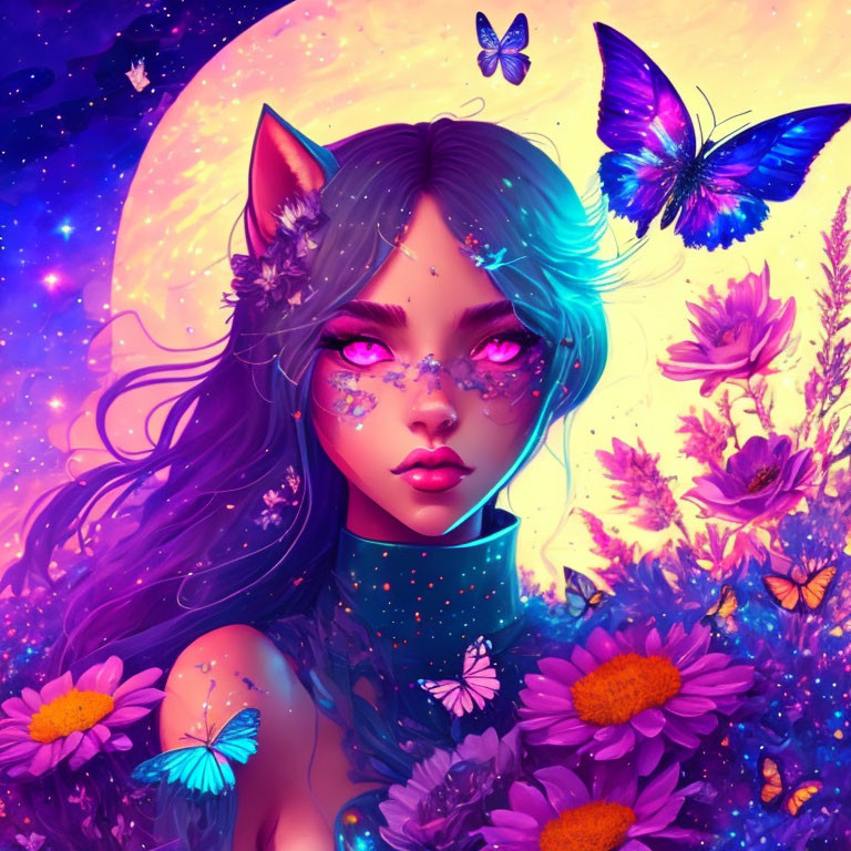 Fantastical Female Figure with Cat Ears Amid Vibrant Flowers and Cosmic Sky