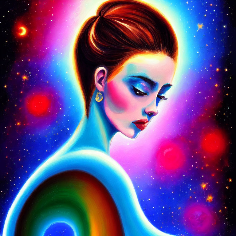 Colorful cosmic portrait of woman with bun hairstyle and celestial elements