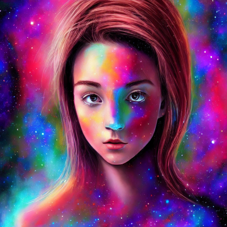 Young woman portrait with galaxy patterns on vibrant cosmic background
