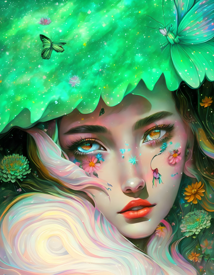 Colorful illustration of a woman with green butterfly cap in flower-filled scene