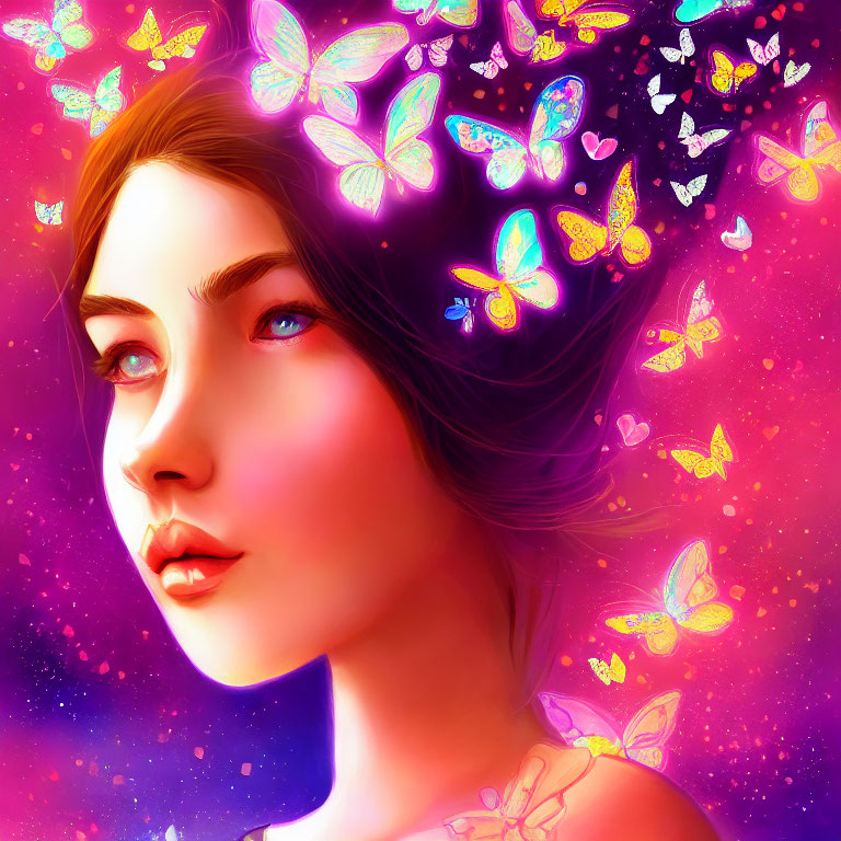 Colorful Digital Artwork: Woman with Butterflies and Cosmic Background