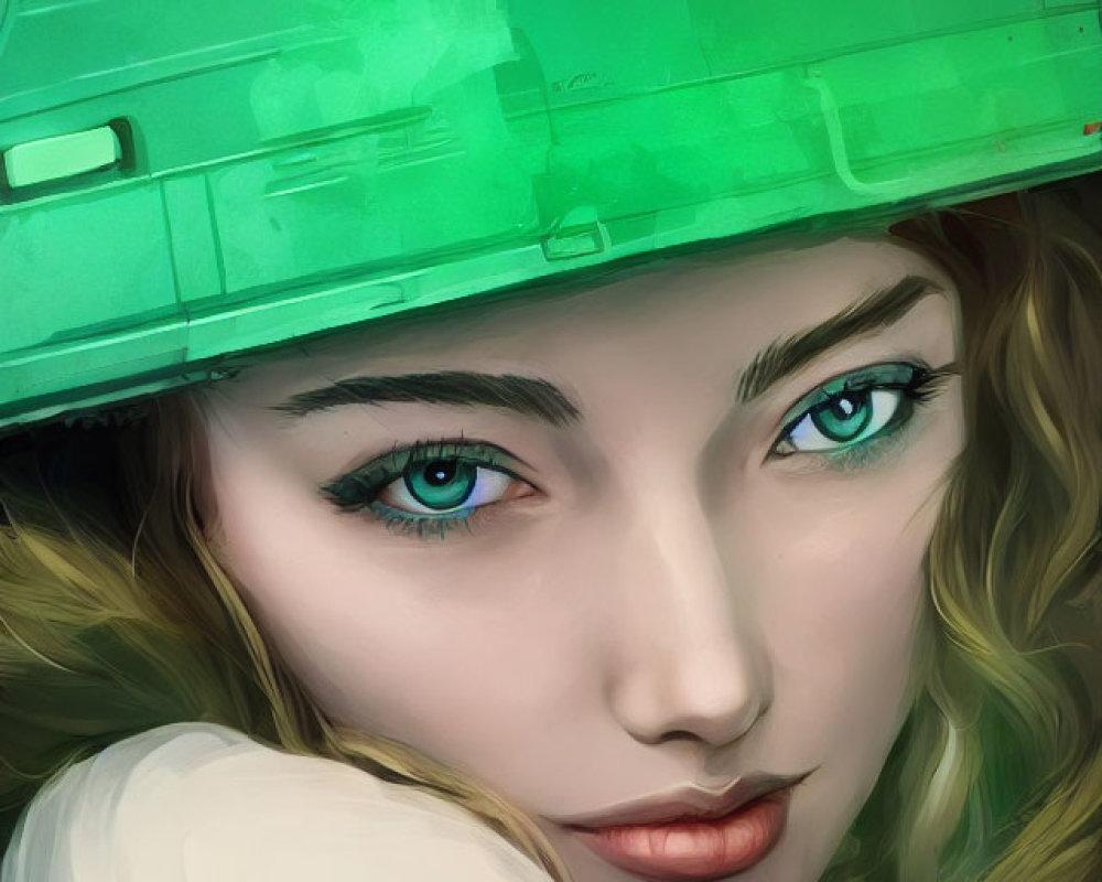 Woman with Green Eyes in Green Hardhat and White Jacket