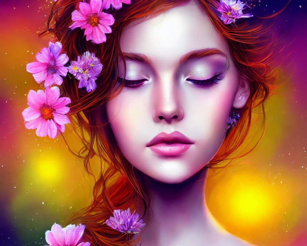 Woman's portrait with closed eyes and pink flowers in red hair on cosmic backdrop