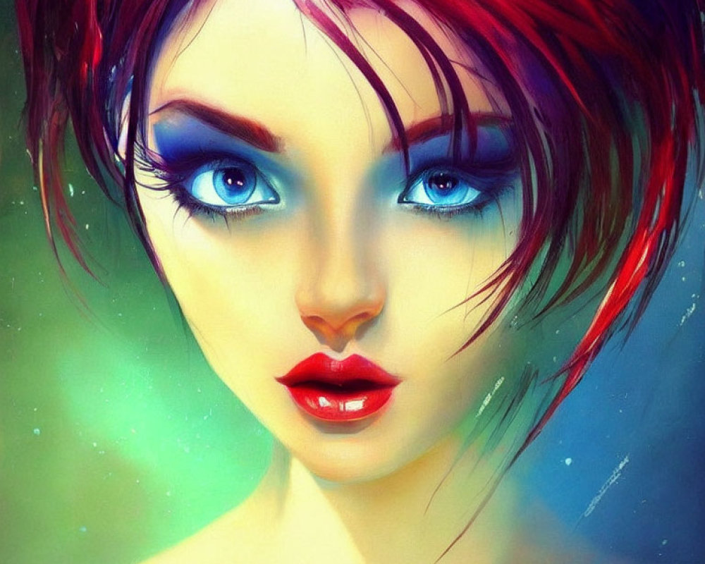 Vibrant digital portrait of a woman with red hair and blue eyes