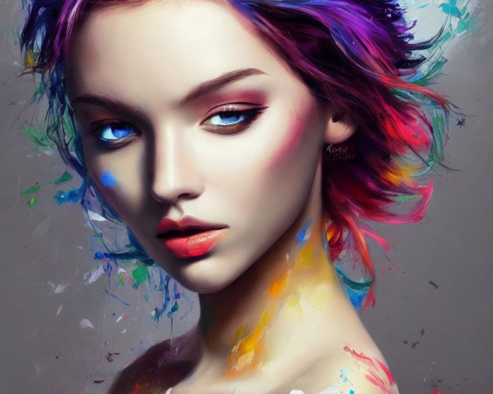 Colorful Portrait of Woman with Paint Strokes in Hair