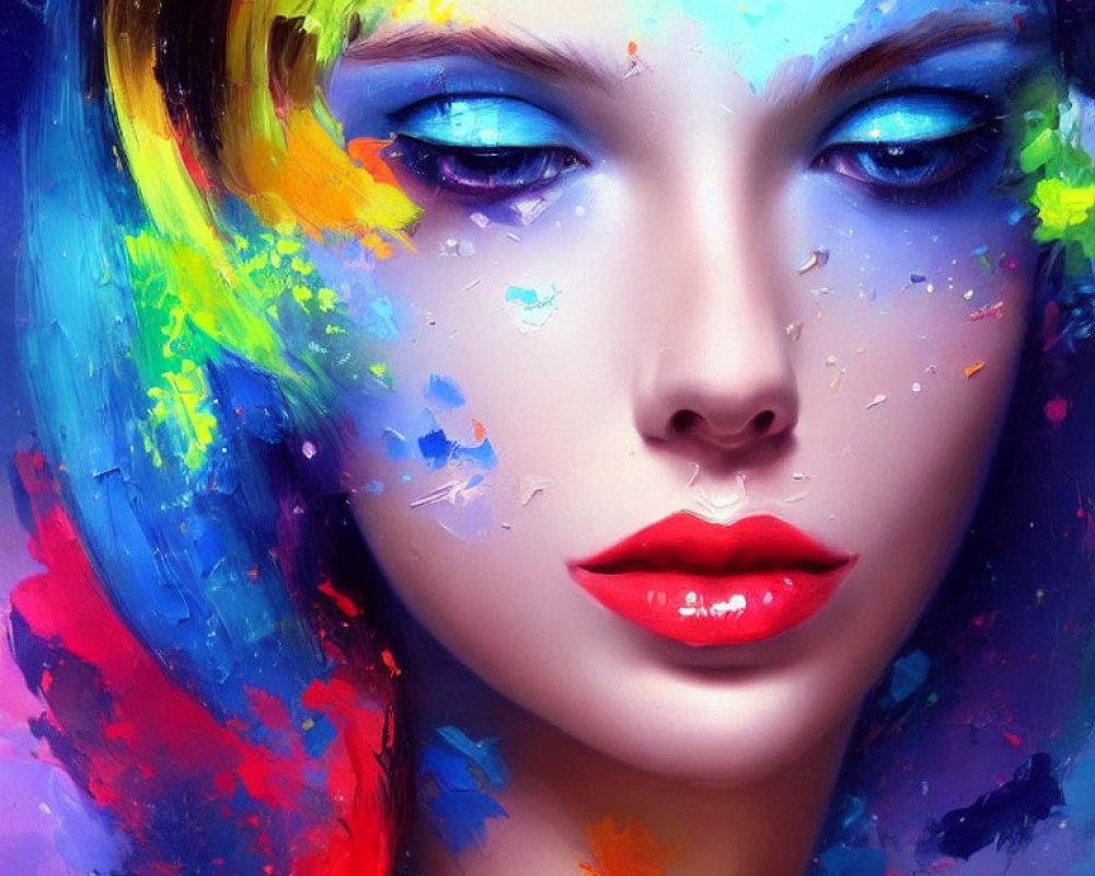 Colorful Woman Portrait with Paint Splashes and Red Lips