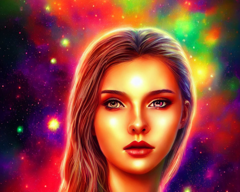 Colorful Nebula Patterns Surrounding Woman with Glowing Forehead Star