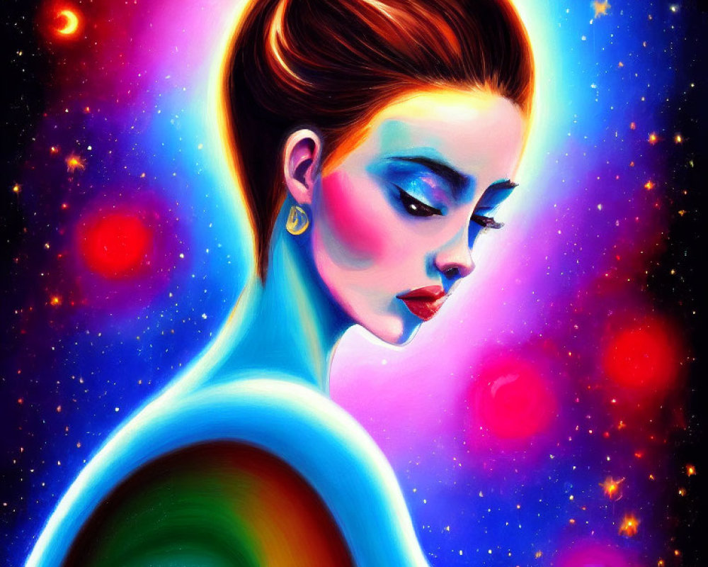 Colorful cosmic portrait of woman with bun hairstyle and celestial elements