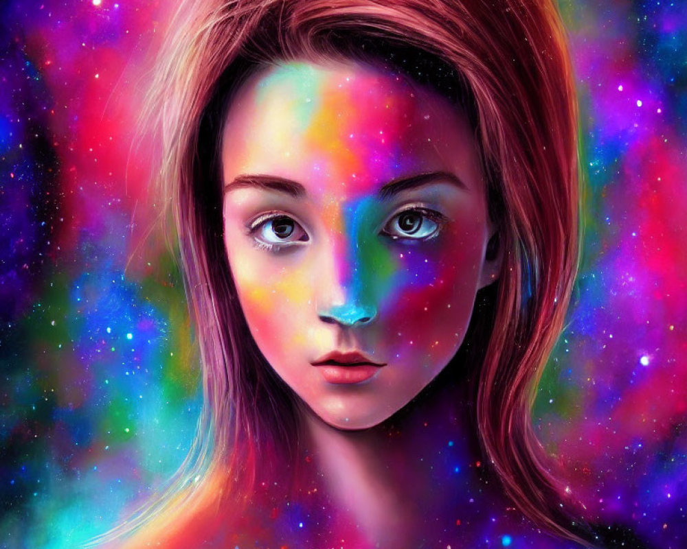 Young woman portrait with galaxy patterns on vibrant cosmic background