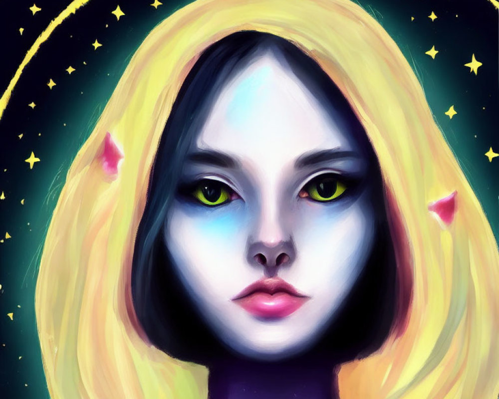 Digital painting of woman with yellow hair, cosmic features, cat-like green eyes, stars, and glowing