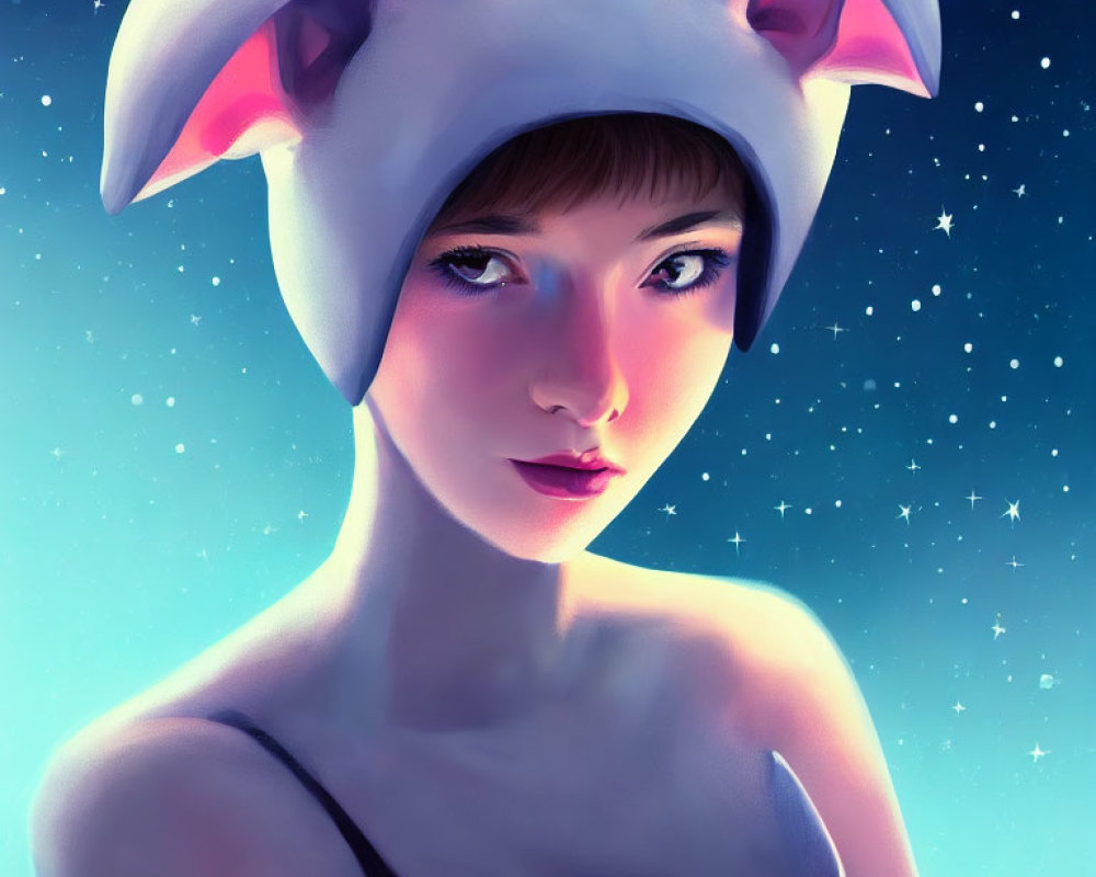 Digital Artwork: Woman in White and Pink Fox-like Hat under Starry Sky