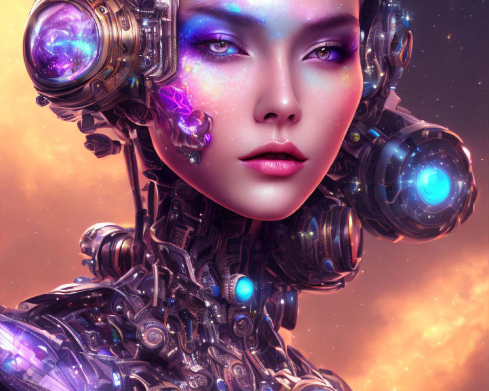 Futuristic female cyborg with blue makeup and glowing purple accents
