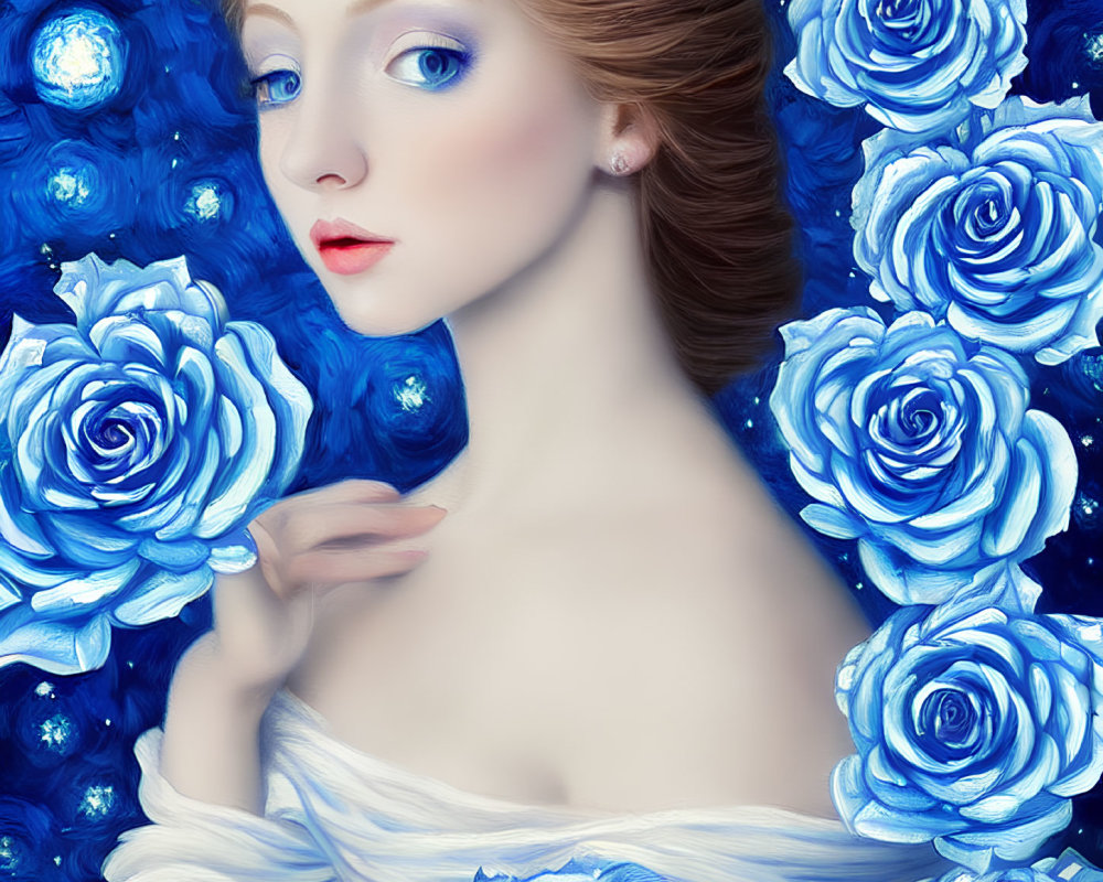 Pale-skinned woman with red lips surrounded by vibrant blue roses on deep blue background