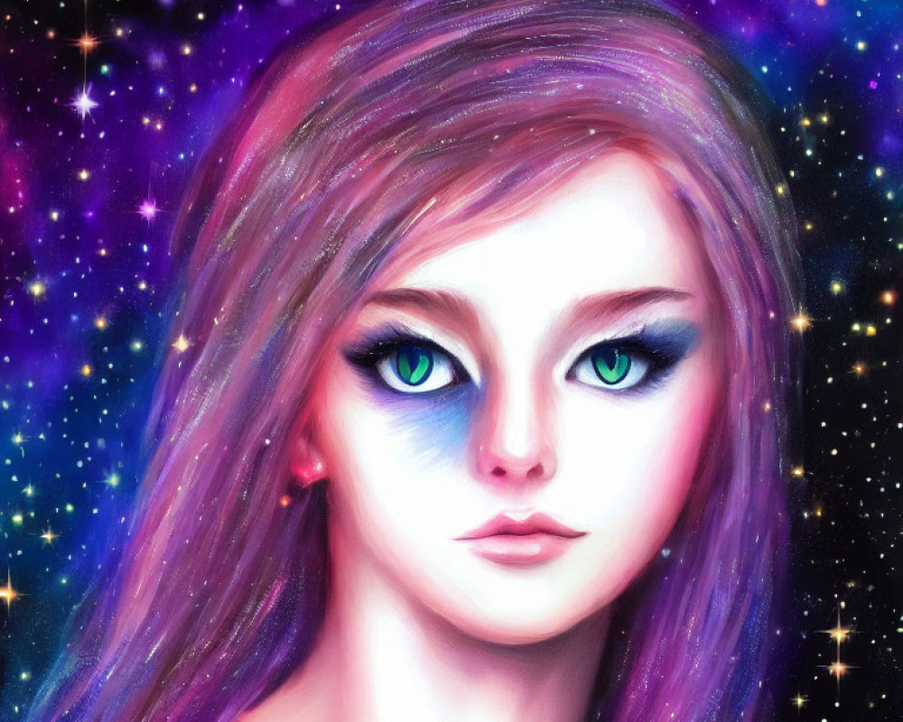 Woman with Green Eyes and Purple Hair in Cosmic Starry Digital Artwork