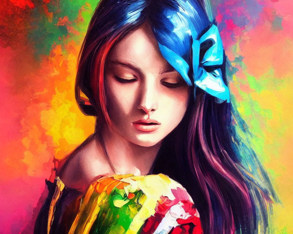 Colorful portrait of a girl with blue bow and vibrant brush strokes